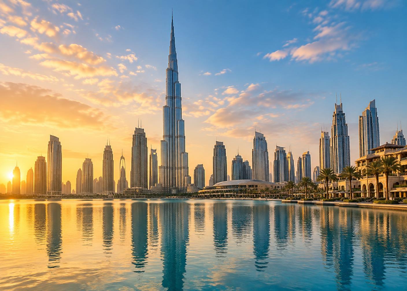 Dubai skyline reflected in calm water at golden hour