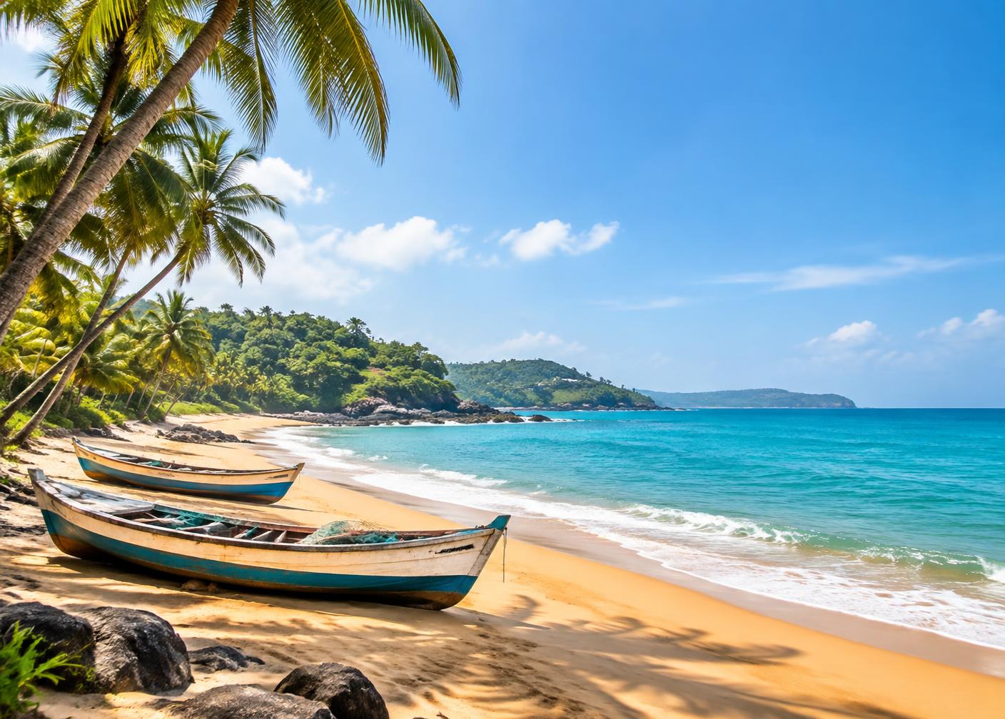 Palm-lined golden beach with wooden boats in Goa, India