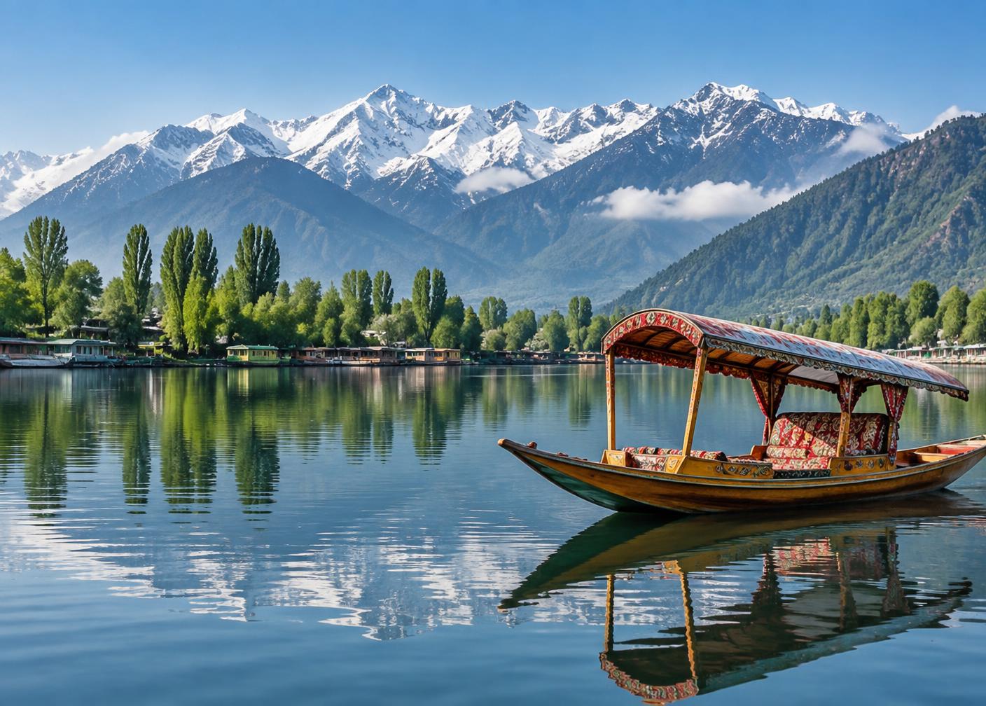 Traditional shikara boat on a calm Kashmiri lake below snow-capped mountains