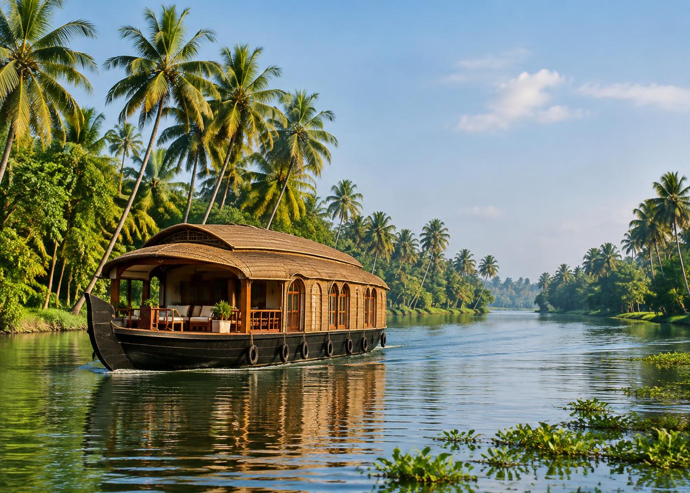 Traditional houseboat cruising palm-lined backwaters in Kerala, India