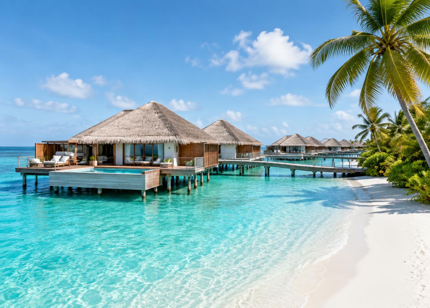 Overwater villas above a turquoise Maldivian lagoon