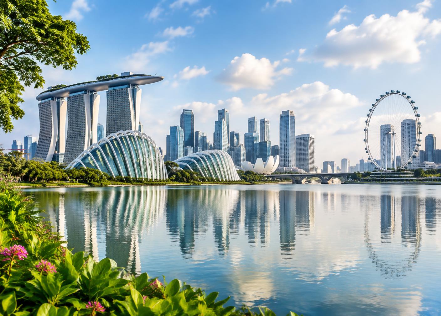 Singapore waterfront skyline and gardens reflected in the bay